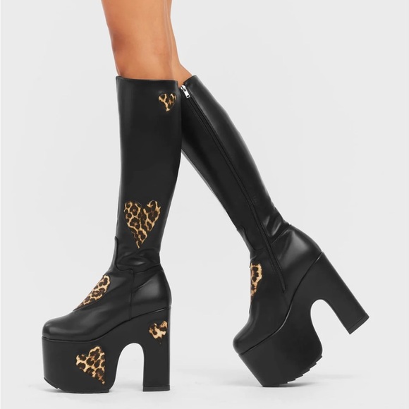 BNIB Lamoda Leopard Print Glass Heart Chunky Platform Knee High Boots - Picture 4 of 6